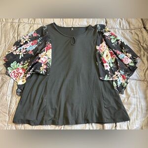 Floral Sleeve Black Top